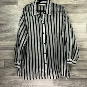 Diana‎ Marco Womens Button Front Shirt Black Gray Stripe Long Sleeve Collar XL